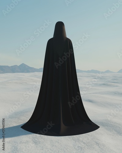 Person standing in the middle of a vast desert landscape. the person is wearing a long black cloak that covers their head and shoulders.