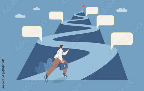 Businessman runs up steep road with a red flag at his destination, Project planning development timeline in business, Roadmap, Important route map with action plan, Project timeline.