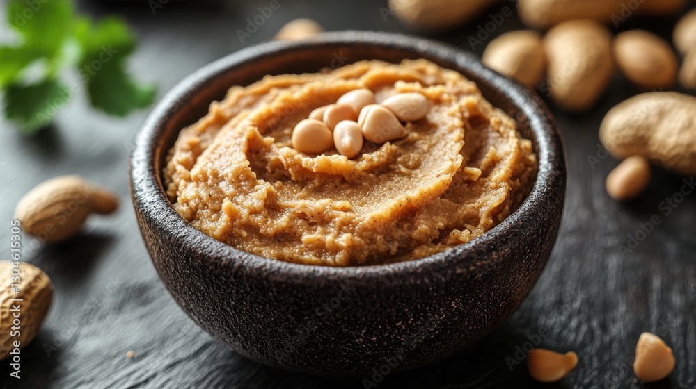 Creamy peanut butter served in a rustic bowl surrounded by peanuts and greenery at a cozy kitchen setting during daylight hours Creamy peanut butter served in a rustic bowl surrounded by peanuts and greenery at a cozy kitchen setting during daylight hours