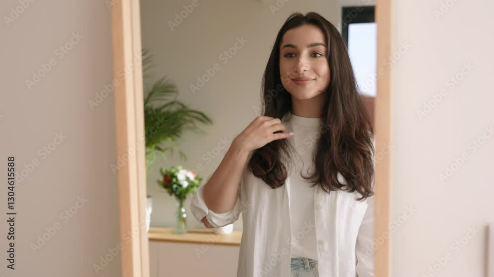 A beautiful brunette young woman fixes her hair while looking into a mirror, preparing to go out. A beautiful brunette young woman fixes her hair while looking into a mirror, preparing to go out.