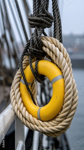 A vibrant yellow life buoy is securely tethered with sturdy ropes on a ship, nestled in the harbor amidst a foggy day photo