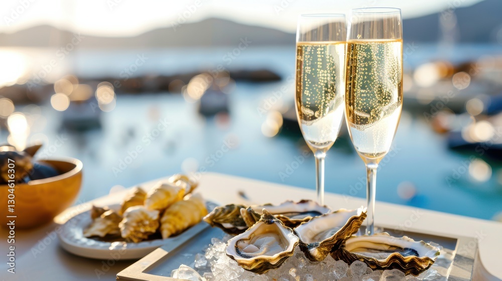 Fototapeta premium Enjoying oysters and sparkling wine by the waterfront at sunset during a summer evening gathering with friends
