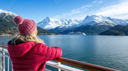 Woman gazes at snow-capped mountains and cruise ship during winter on a scenic coastal adventure in Alaska