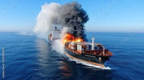 A container ship is engulfed in raging flames and thick smoke while adrift on the vast open ocean, illustrating a dramatic maritime disaster