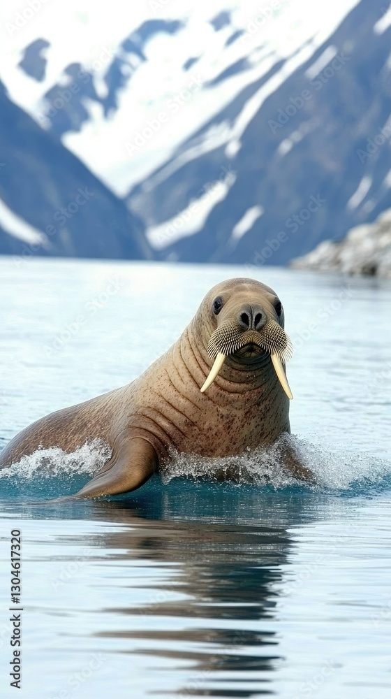 Fototapeta premium A magnificent walrus gracefully swims through the frigid waters of the Arctic, surrounded by breathtaking mountains under a clear blue sky