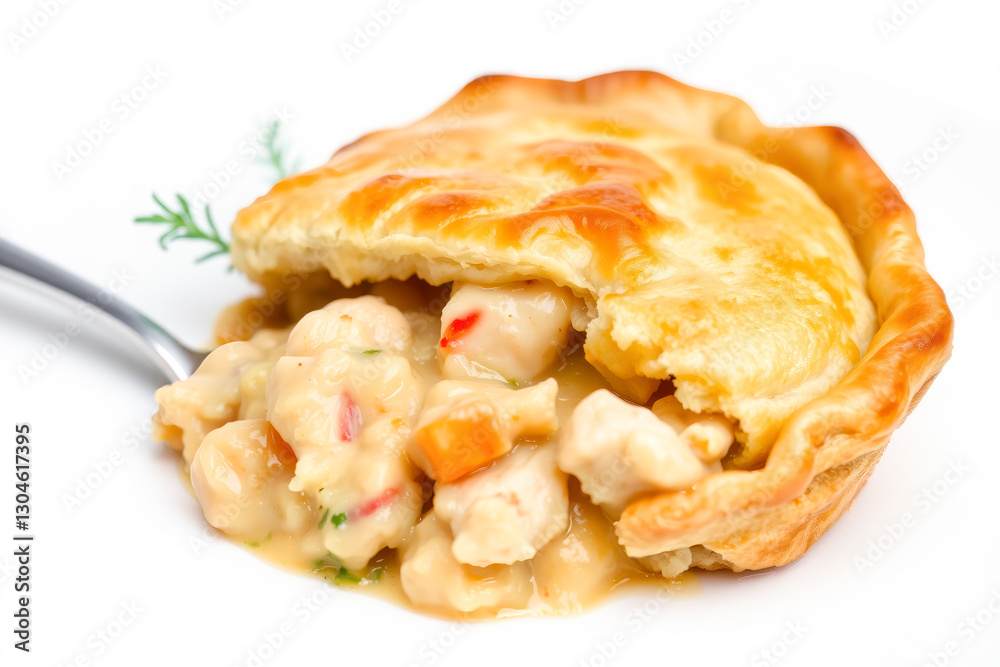 A serving of savory chicken pot pie with a flaky, golden crust and hearty filling. Isolated on pure white background A serving of savory chicken pot pie with a flaky, golden crust and hearty filling. Isolated on pure white background