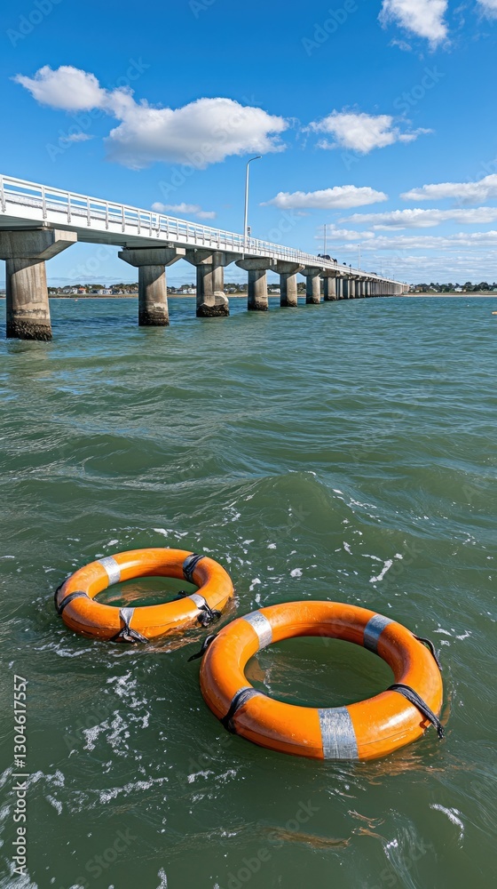 Obraz premium Lifebuoys float near a pier under a bright blue sky with scattered clouds at a serene waterfront location