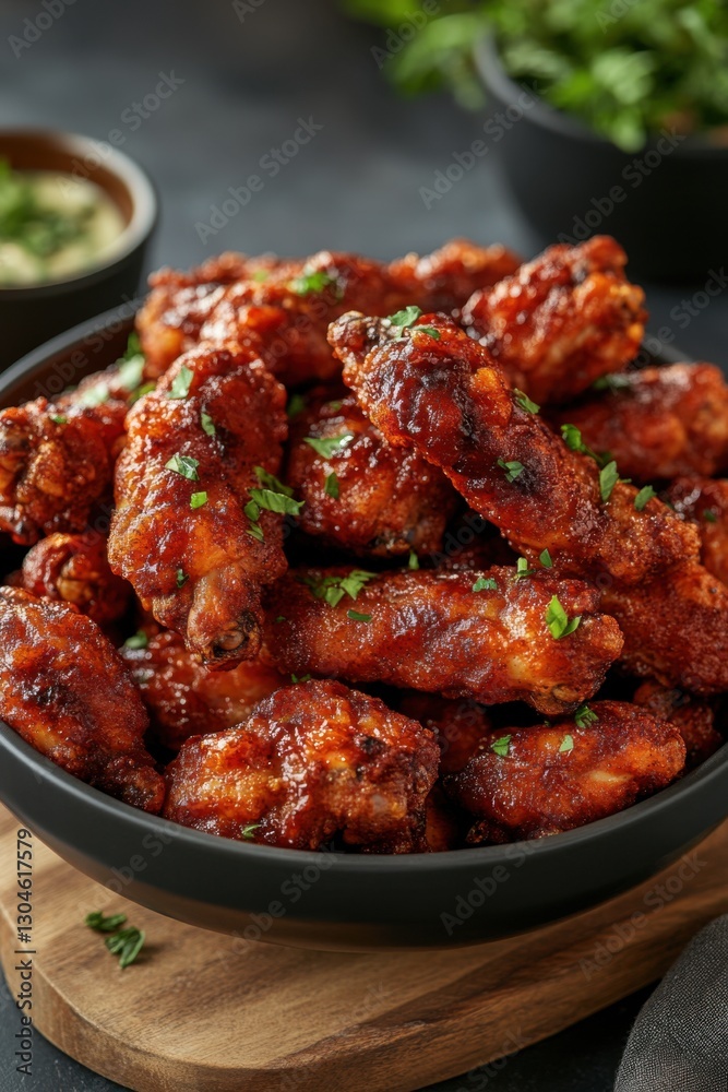 Delicious and Appetizing Bowl of Spicy Chicken Wings with Fresh Parsley Garnish on Wooden Board and Dark Background, Close Up View Delicious and Appetizing Bowl of Spicy Chicken Wings with Fresh Parsley Garnish on Wooden Board and Dark Background, Close Up View
