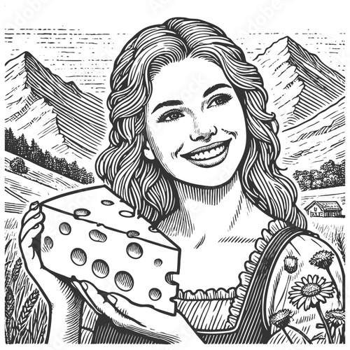 cheerful woman in traditional Alpine attire holding a wedge of cheese, with mountains, a cow, and a farmhouse in the background sketch engraving generative ai vector. Scratch board. Black and white.