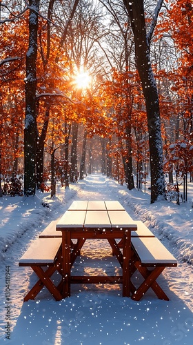 Snowy forest path, picnic table