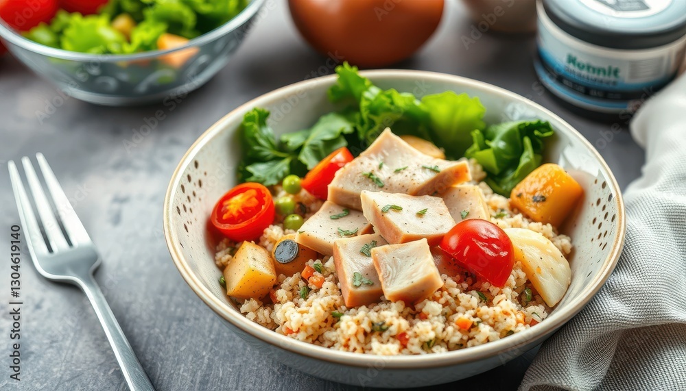 Healthy chicken salad bowl recipe kitchen food photography cozy atmosphere close-up nutrition focus