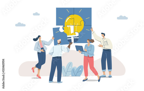 Team meeting to develop common ideas, Business team brainstorming, Teamwork with all employees involved, Business people connecting light bulb jigsaw puzzle together. Flat vector illustration.