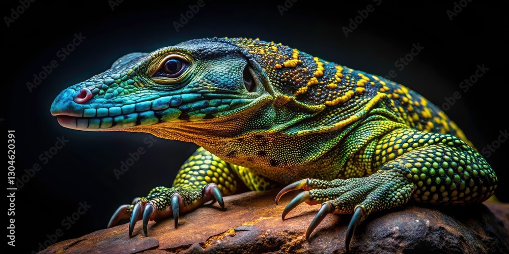 Fototapeta premium Nile Monitor Lizard Silhouette, South Africa Reptile Portrait, Varanus niloticus, Dark Background, Wildlife Photography, Colorful Lizard