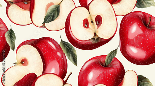 a seamless repeat and fully tileable background illustration of juicy red apples