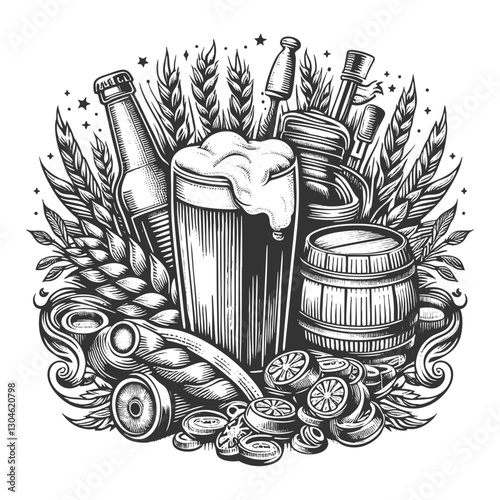 Beer with Barrels and Hops vector illustration