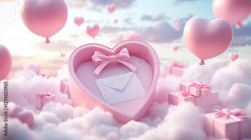 open heart shaped gift box with a love letter inside sitting on a fluffy cloud surrounded by balloons