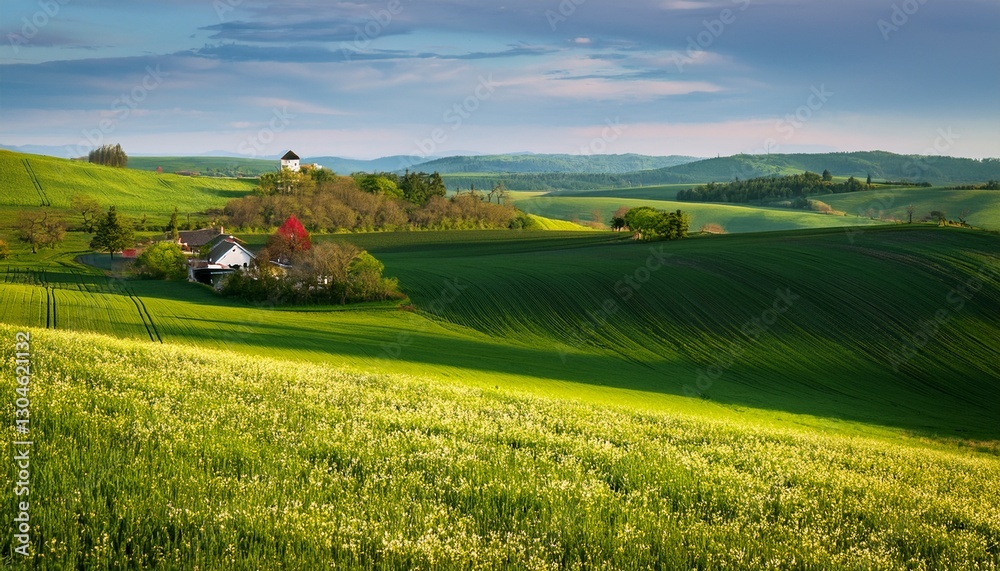 Fototapeta premium Spring countryside with rolling green fields, blooming flowers, and a picturesque farmhouse in the distance, capturing the charm and tranquility of rural life. 
