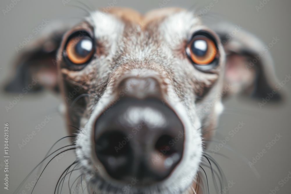 Close encounter with a curious dog highlighting expressive eyes and distinctive features in a minimalist indoor setting Close encounter with a curious dog highlighting expressive eyes and distinctive features in a minimalist indoor setting