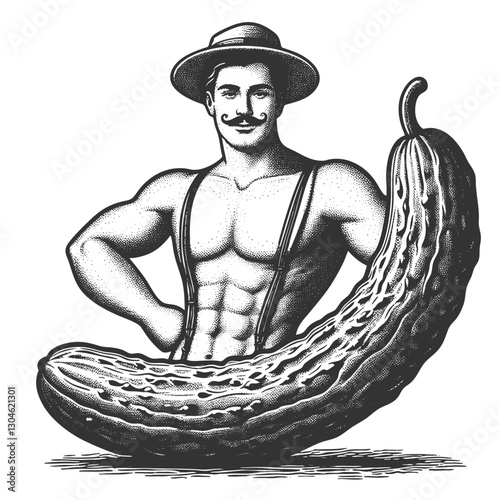 muscular farmer wearing suspenders and a hat, posing with an oversized cucumber sketch engraving generative ai fictional character vector illustration. Scratch board imitation. Black and white image.