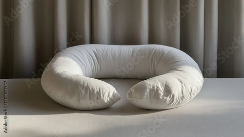 A pristine white U-shaped travel pillow, a haven of comfort and tranquility, rests against a neutral wall backdrop, promising restful nights and moments of relaxation within the confines of your home.