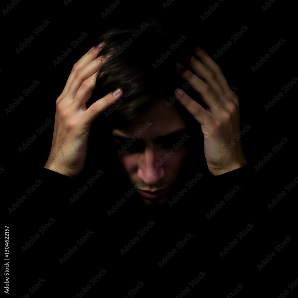 Distressed Student with Intense Expression Showing Exam Anxiety Against Dark Background Distressed Student with Intense Expression Showing Exam Anxiety Against Dark Background