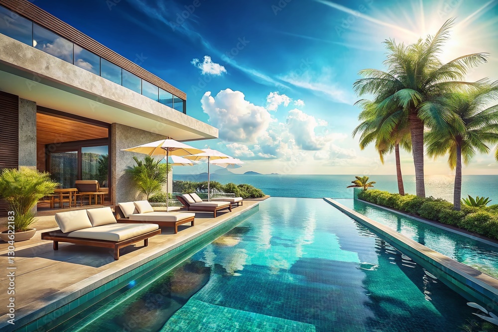 Fototapeta premium Luxurious Hotel Infinity Pool: Stunning Summer Vacation Getaway