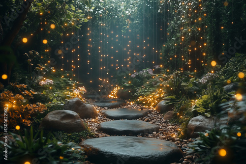 Stone pathway through a lush green forest illuminated with sparkling golden lights creating a magical atmosphere