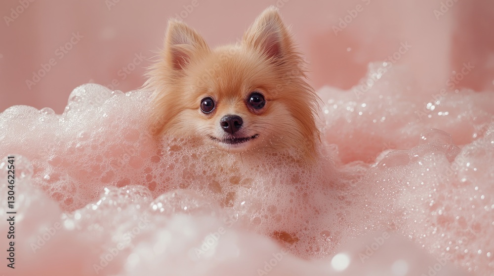 A fluffy dog, its fur adorned with playful bubble foam, basks in a haven of pampering. Surrounded by soft pink hues, it exudes joy and contentment, its eyes sparkling with happiness. The scene evokes A fluffy dog, its fur adorned with playful bubble foam, basks in a haven of pampering. Surrounded by soft pink hues, it exudes joy and contentment, its eyes sparkling with happiness. The scene evokes