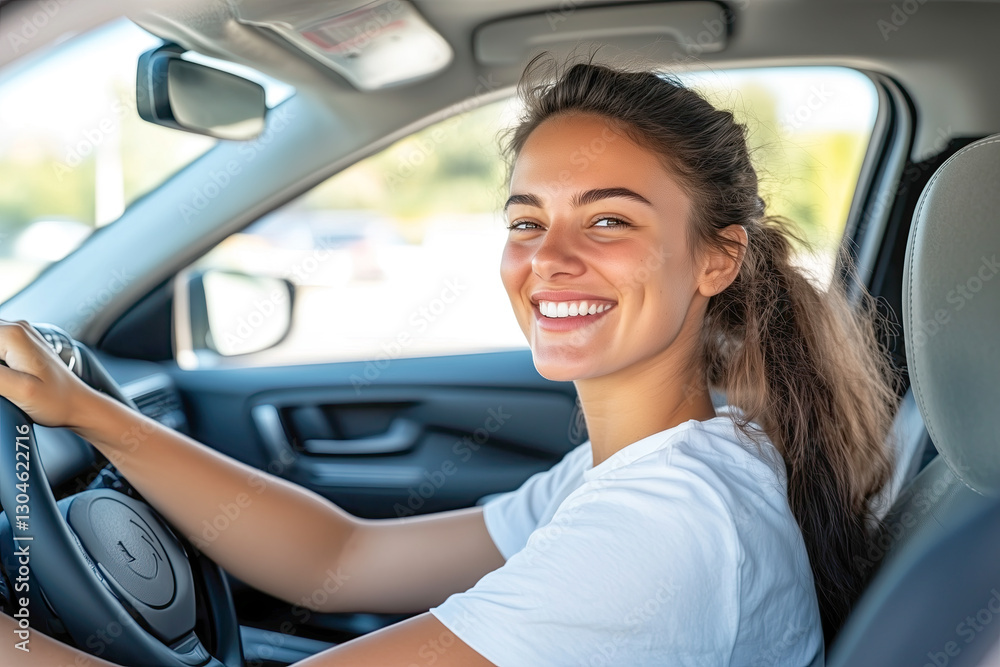 Smiling woman in the driver's seat of a car, hand on steering wheel, joyfully looking ahead, Smiling woman in the driver's seat of a car, hand on steering wheel, joyfully looking ahead,