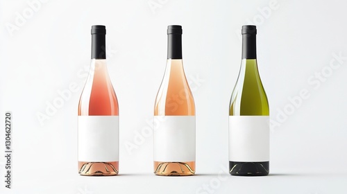 3 bottles of wine mockup with blank white labels, front view, plain background