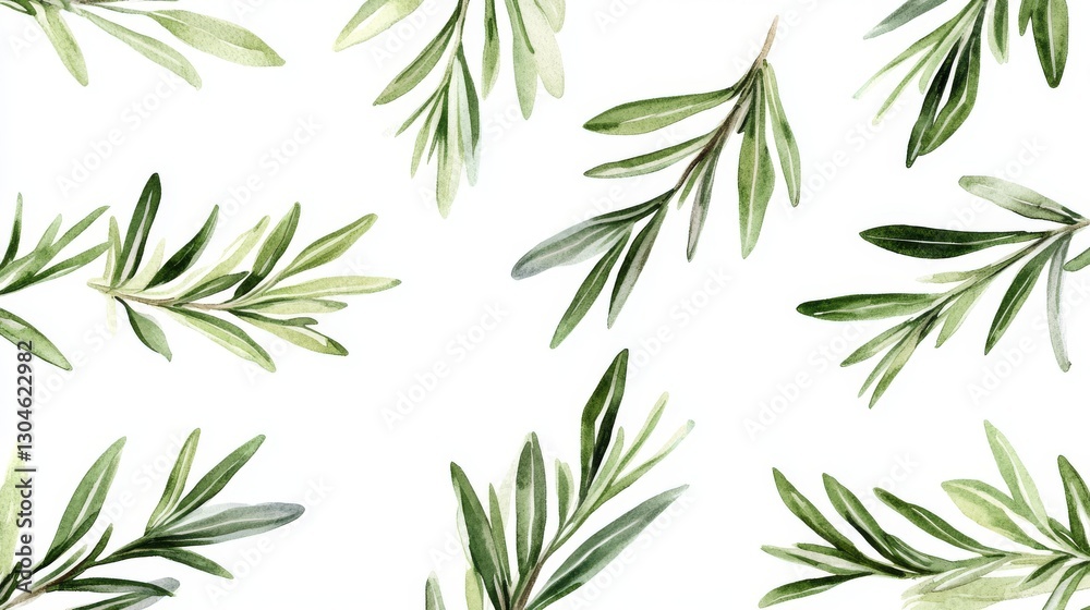 Obraz premium Delicate hand-painted rosemary sprigs scattered elegantly on pristine white background, botanical watercolor illustration with soft green leaves and stems showing fine detail texture, gentle shadows