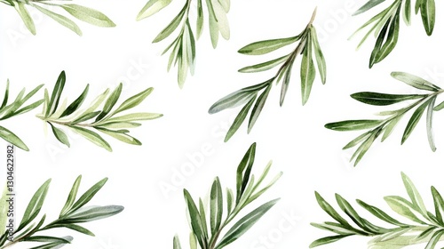 Wallpaper Mural Delicate hand-painted rosemary sprigs scattered elegantly on pristine white background, botanical watercolor illustration with soft green leaves and stems showing fine detail texture, gentle shadows Torontodigital.ca