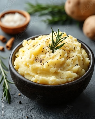 Creamy mashed potato delight in dark bowl with rosemary garnish and pepper flakes on gray background