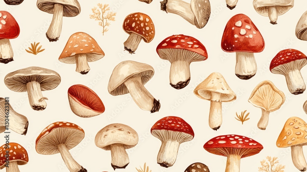 Illustration with variety of mushrooms set against white background. Artwork different shapes and colorful red fly agaric cap. Poisonous fungus pattern. Many fungi, whimsical forest. Illustration with variety of mushrooms set against white background. Artwork different shapes and colorful red fly agaric cap. Poisonous fungus pattern. Many fungi, whimsical forest.