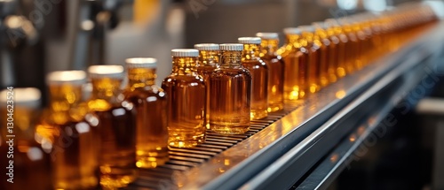 Wallpaper Mural Row of amber glass bottles filled with liquid on a conveyor belt in a pharmaceutical factory industrial production line Torontodigital.ca