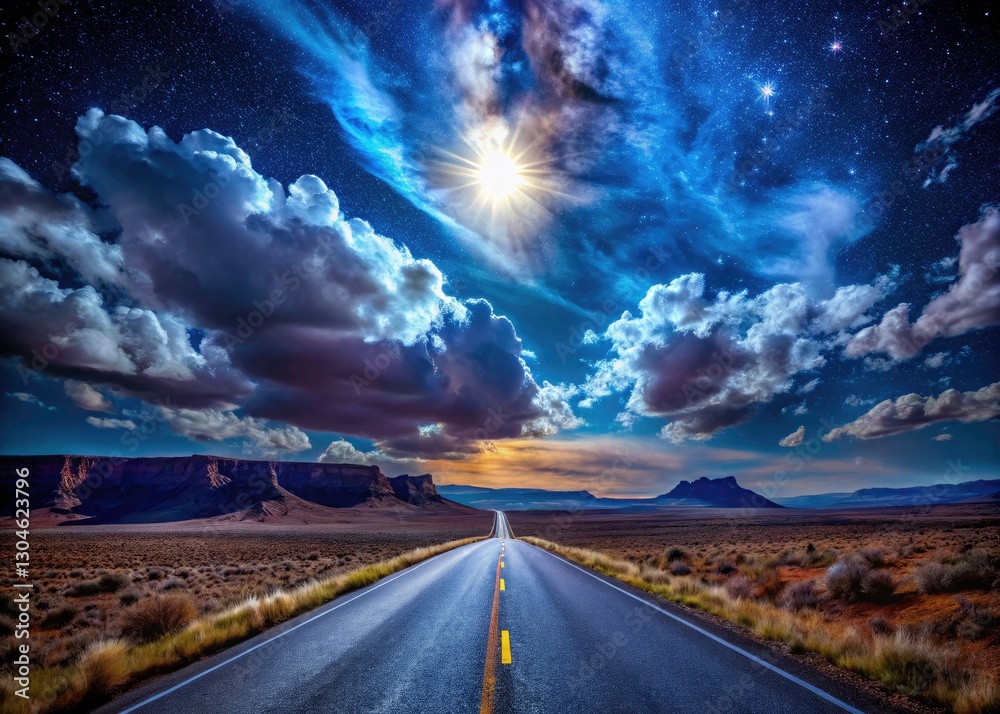 Fototapeta premium Panoramic Night Sky, Moonlit Wild West Road, Stars, Clouds, Moonlight Landscape Photography