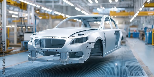 industrial machinery and production line mechanized. Car body in a modern manufacturing facility under bright lights.