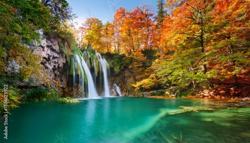 Majestic waterfall cascading into an emerald lake, framed by vibrant autumn foliage. The scene captures the beauty of nature’s transition, with colorful leaves reflecting in the tranquil water.
