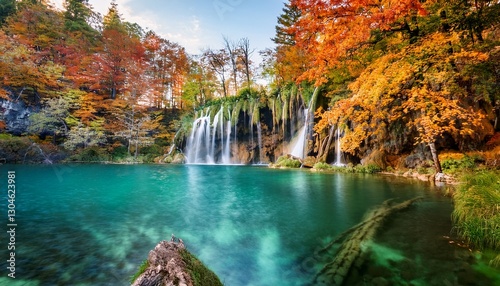 Majestic waterfall cascading into an emerald lake, framed by vibrant autumn foliage. The scene captures the beauty of nature’s transition, with colorful leaves reflecting in the tranquil water
