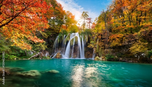 Majestic waterfall cascading into an emerald lake, framed by vibrant autumn foliage. The scene captures the beauty of nature’s transition, with colorful leaves reflecting in the tranquil water