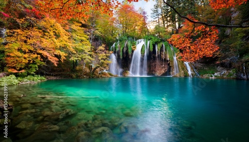 Majestic waterfall cascading into an emerald lake, framed by vibrant autumn foliage. The scene captures the beauty of nature’s transition, with colorful leaves reflecting in the tranquil water