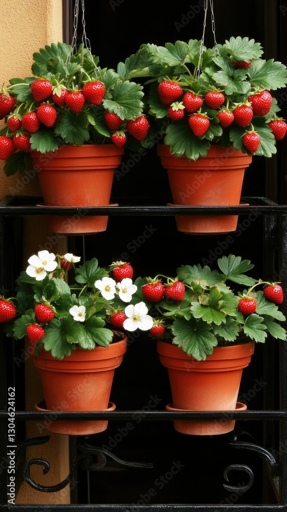 Vibrant strawberry plants in clay pots arranged on a decorative black metal shelf outside a charming home Vibrant strawberry plants in clay pots arranged on a decorative black metal shelf outside a charming home