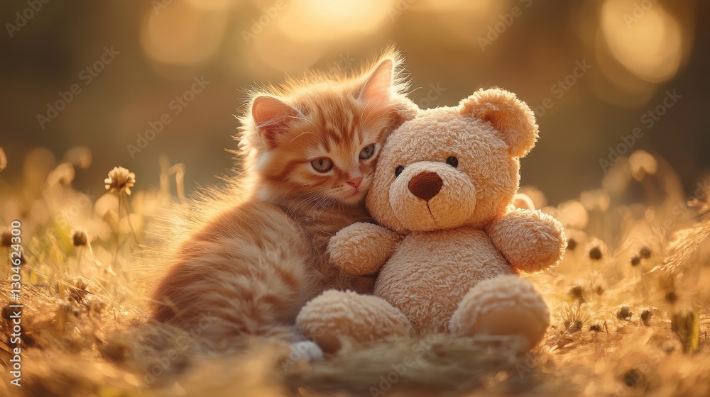 Fototapeta premium A fluffy orange kitten, its fur the color of a sunset, snuggled into the soft embrace of a plush teddy bear, their playful interaction captured in a dreamy, softly lit setting, evoking a sense of