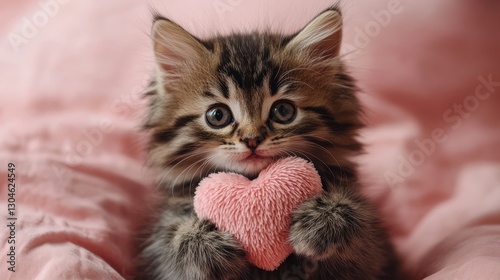 A fluffy kitten, its eyes sparkling with adoration, cradles a heart-shaped plush toy in its paws, its gentle purr a symphony of love and tenderness against a soft pink backdrop, exuding a sense of