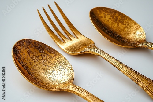 Set di posate dorate, caratterizzate da un aspetto lussuoso e vintage, posizionate su uno sfondo chiaro per mettere in risalto la loro bellezza