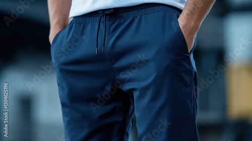 A mockup of sleek navy blue joggers, featuring an elasticated waistband and adjustable drawstring, designed for ultimate comfort and a casual yet stylish aesthetic.