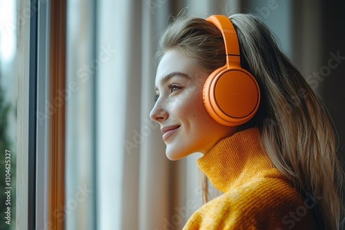 Donna  serena e felice, con cuffie arancio, che guarda fuori dalla finestra, immersa nei suoi pensieri e nella musica. photo