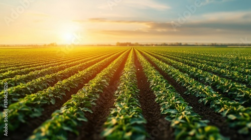 A serene landscape of green crops stretches across the horizon, illuminated by the warm glow of a setting sun.