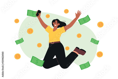 A happy businessman woman with a phone in her hands jumps on the background of money. Bills and coins are flying, winnings, savings, profits, and investments