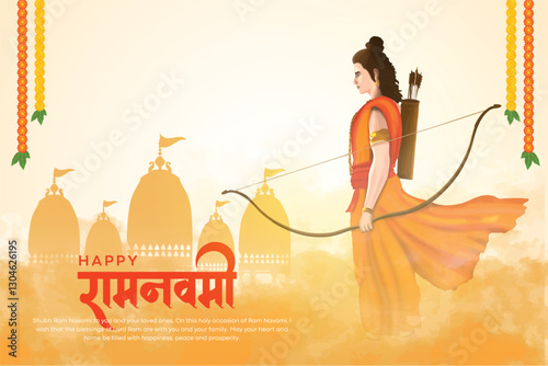 Happy Ramnavami festival of India. Lord rama background with temple. vector illustration design